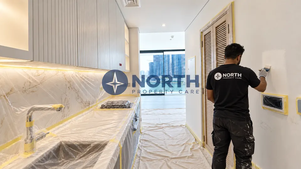 Kitchen surfaces masked and protected while a painter applies paint by brush