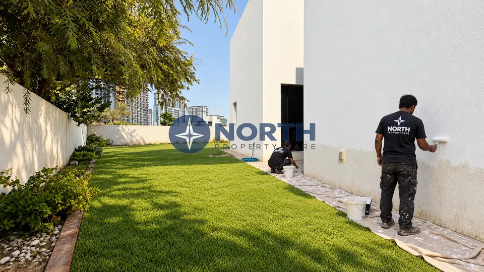 Exterior villa wall being rolled with fresh paint during the repaint