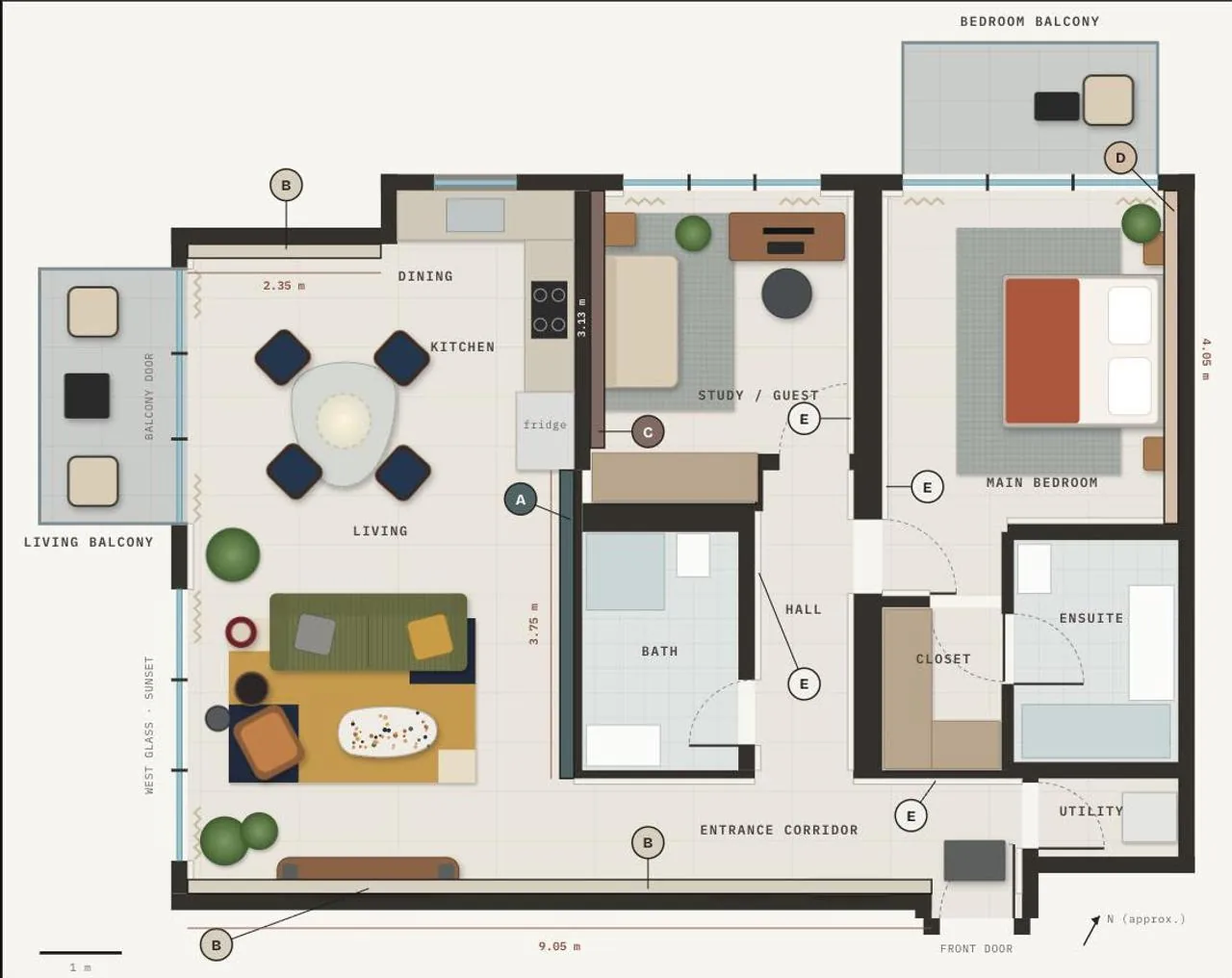Client-supplied illustrated apartment floor plan with wall labels A to E marking the selected walls in the living area, study and main bedroom