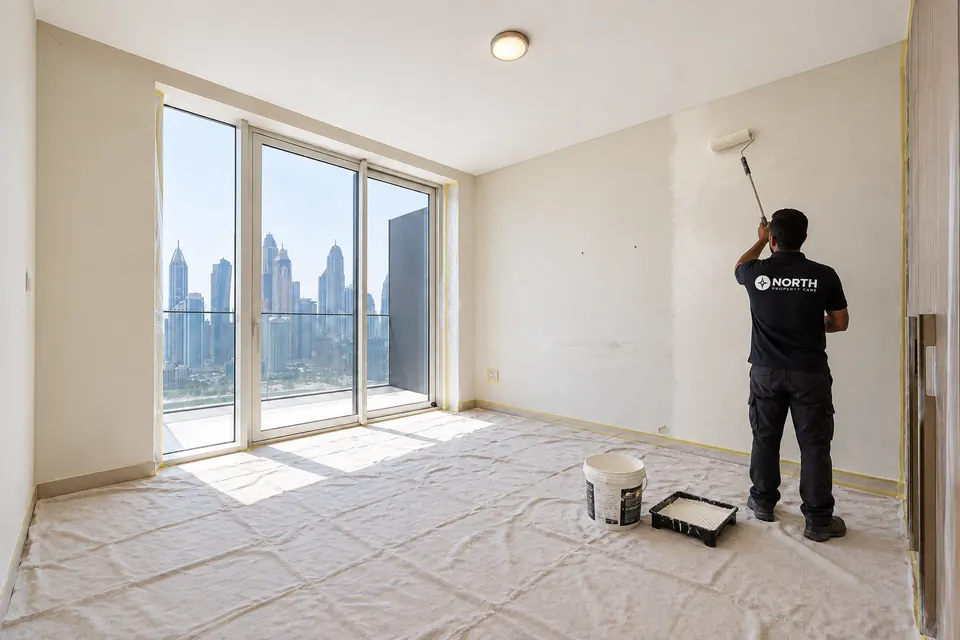 Painter rolling paint on a Beach Mansion bedroom wall beside the window, with the floor protected