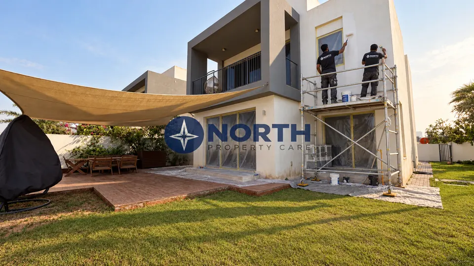 Scaffolding set up around the Sidra villa for exterior painting