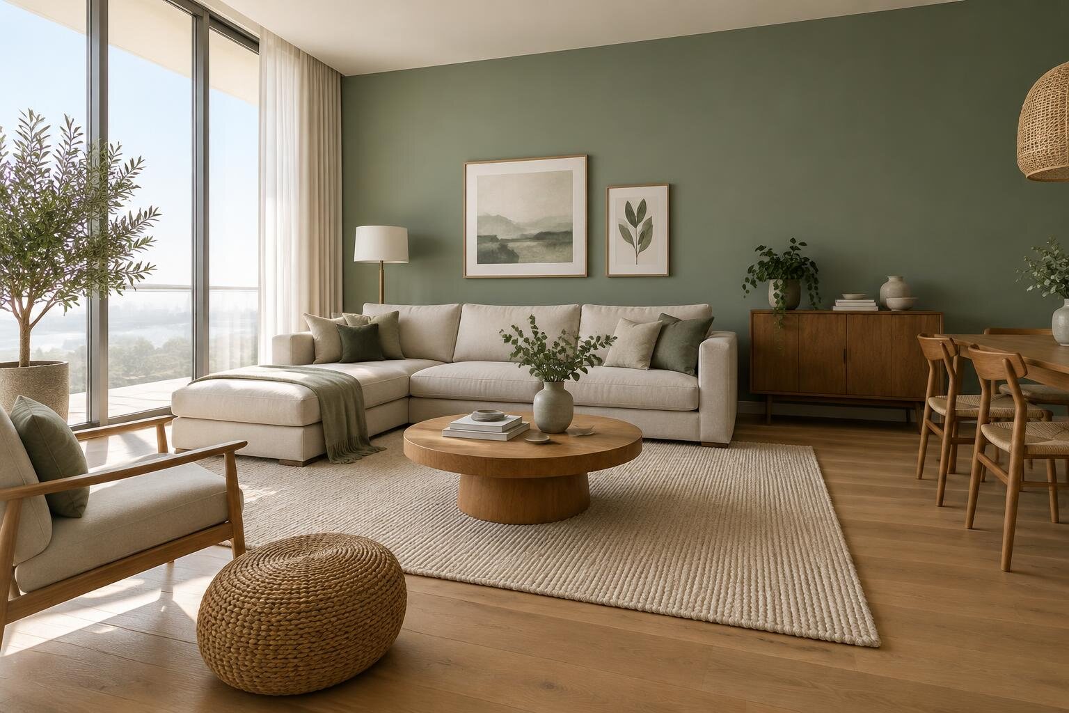 Freshly painted Dubai apartment living room with warm timber furniture and a muted sage-green feature wall