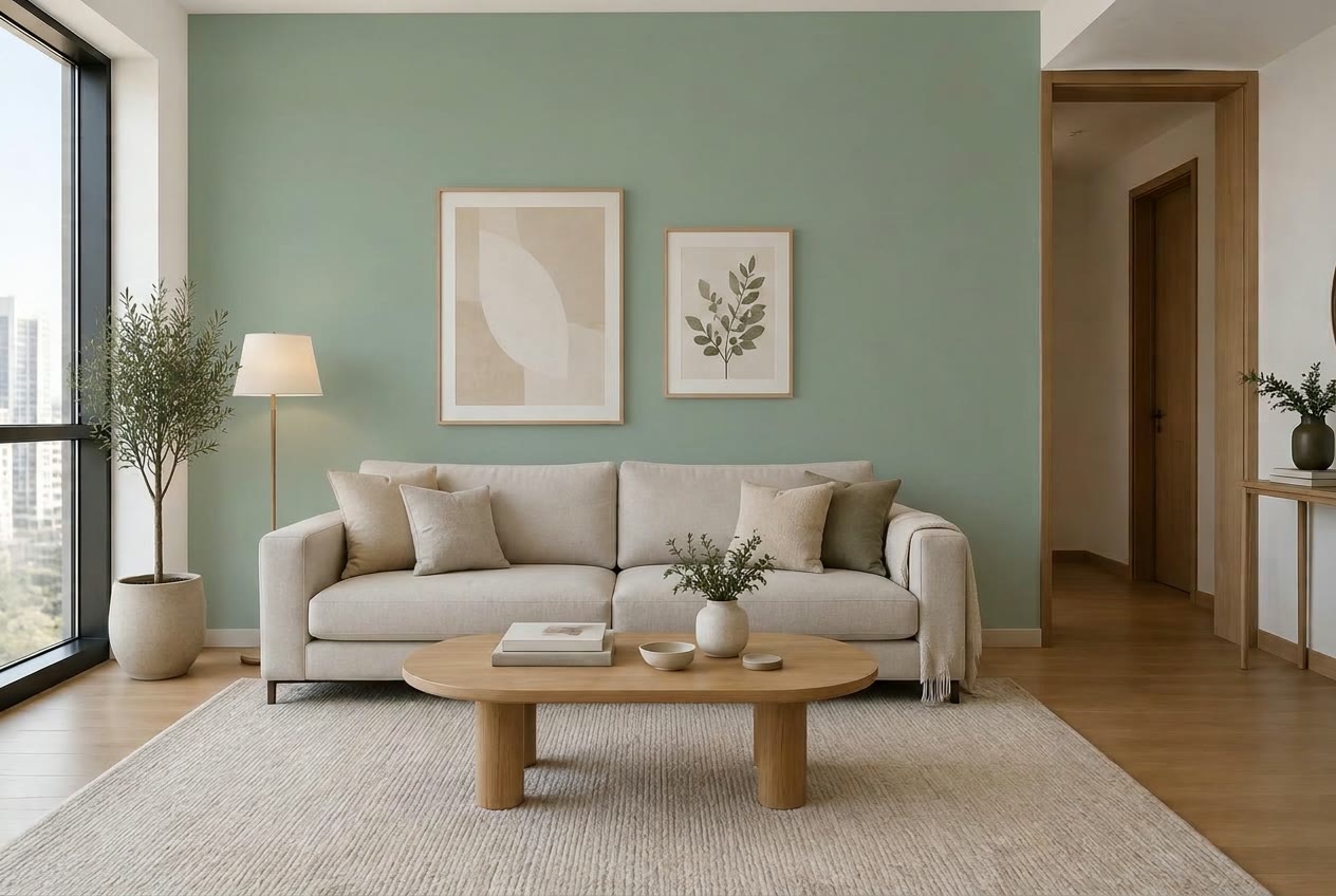 The same furnished apartment hall after the feature wall is evenly finished in muted sage green