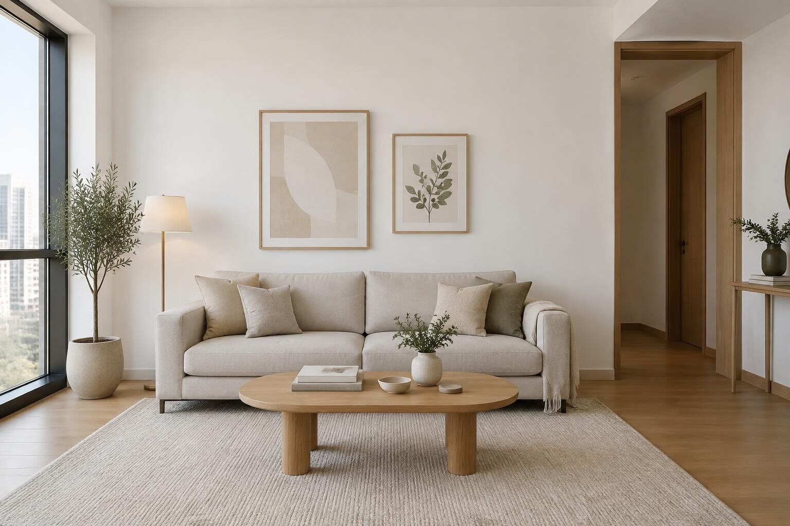Furnished modern apartment hall before painting, with a white feature wall, sofa and warm timber floor