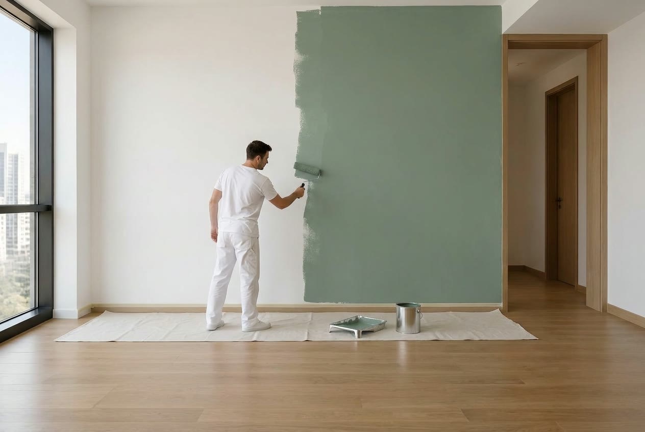 The same empty apartment hall while a painter rolls muted sage green over half of the bare white feature wall