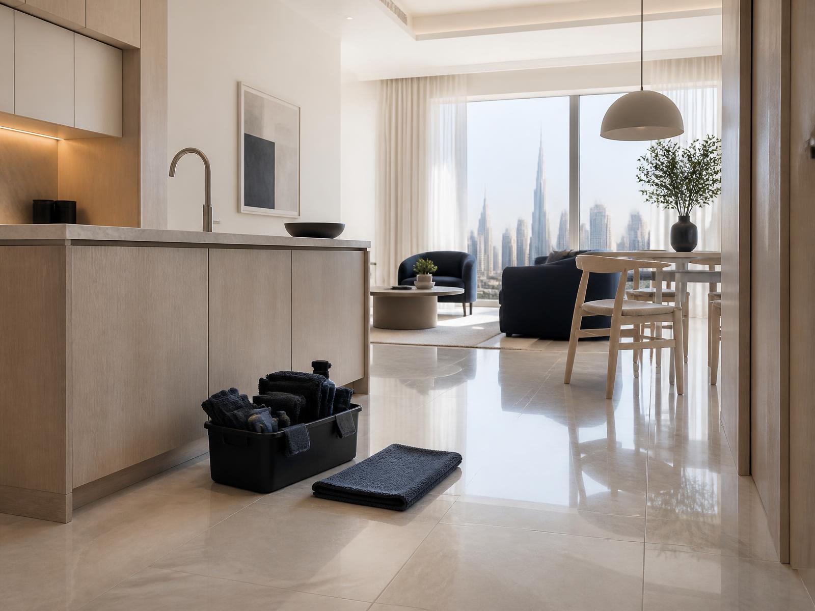 Detailed cleaning underway in a modern Dubai apartment with spotless stone floors and a tidy professional cleaning caddy