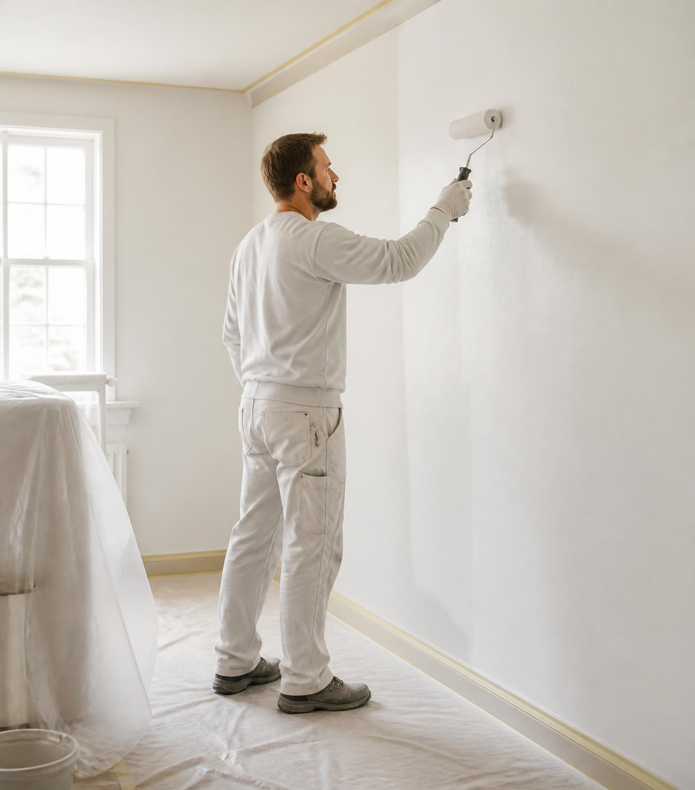 Painter applying an even coat of warm white paint to a prepared apartment wall
