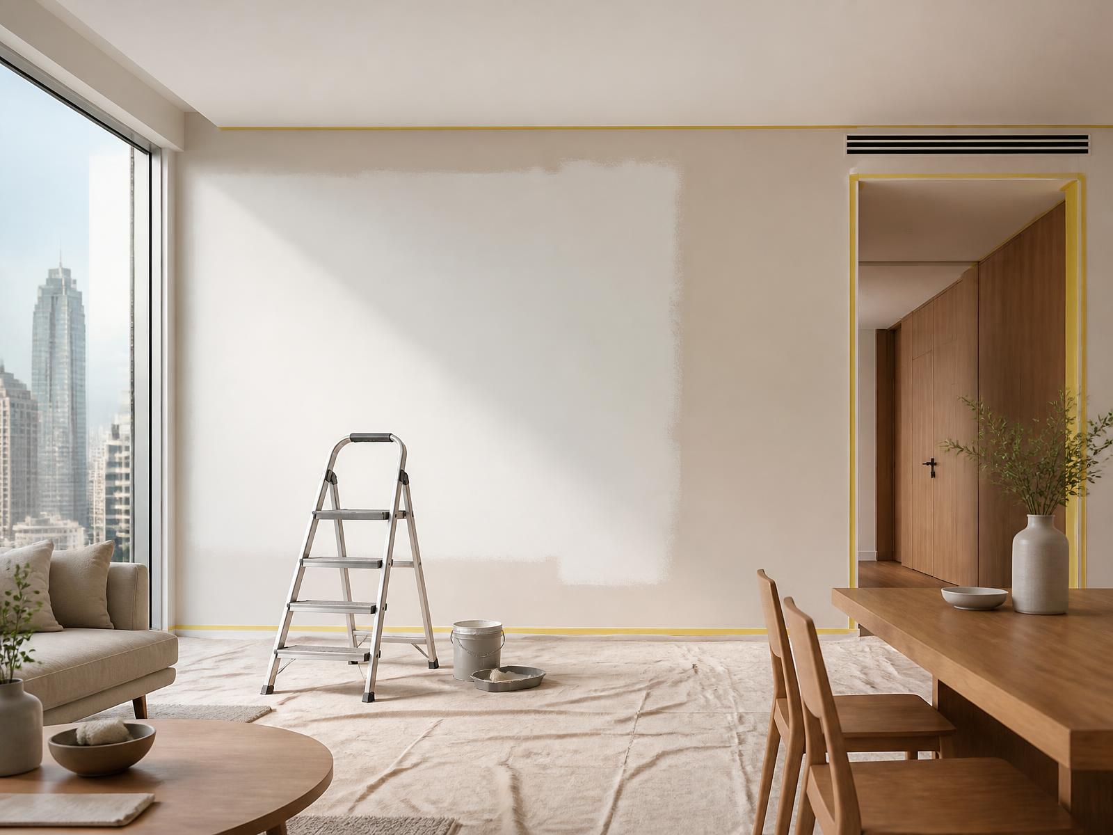 Dubai apartment living room mid-repaint with masked trim, protective floor sheets and a freshly rolled warm white wall