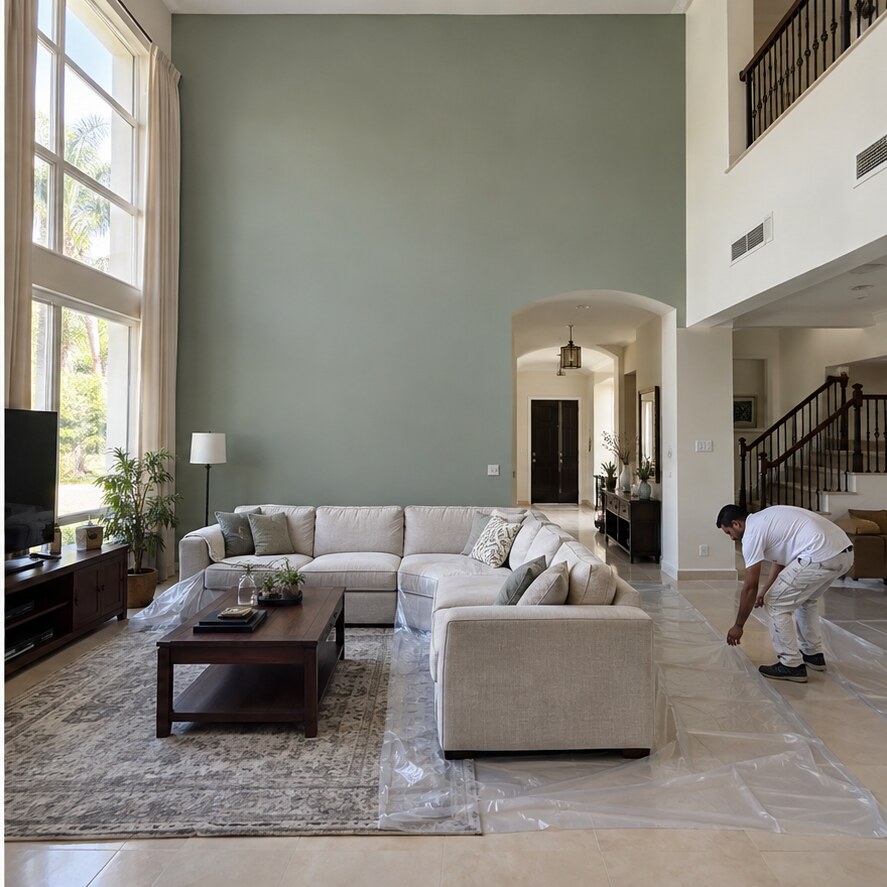 Same villa living room after painting a muted sage wall during finishing cleanup