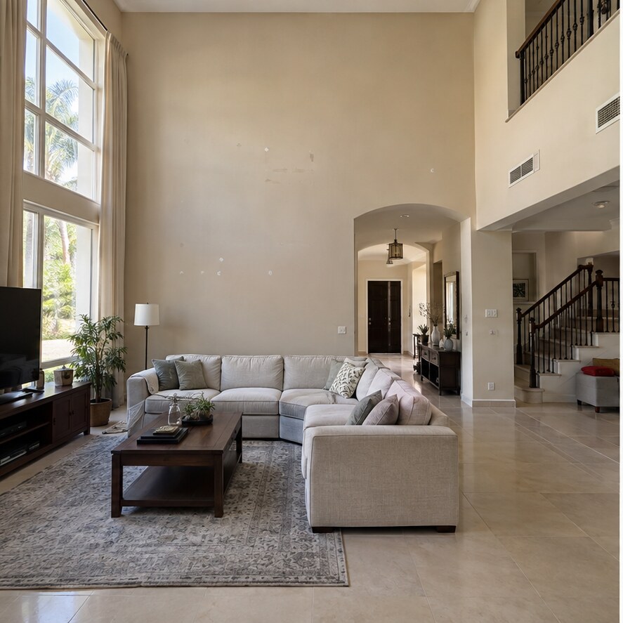 Villa living room before painting, showing marks on a tall cream wall
